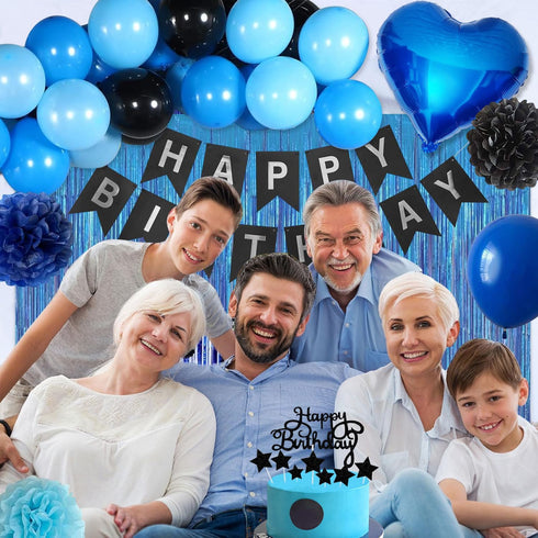 Blue and Black Happy Birthday Party Decorations Kit, Banner, Fringe Curtain, Foil Balloons, Cake Topper for Birthday