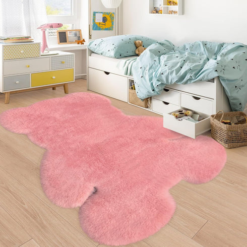 4.6x6 ft Pink Bear Soft Fluffy Large Rug, Shaggy Faux Sheepskin Fur Rug Fuzzy Shag Area Rug Cute Plush Carpet
