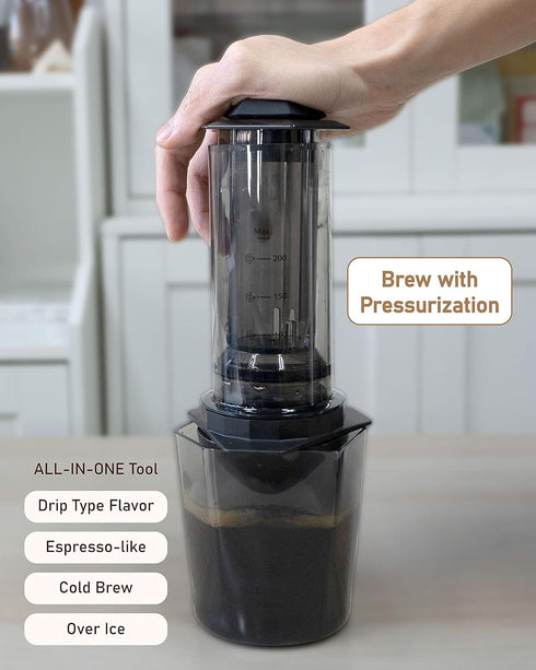 COFFEEOLOGY PRESS – Pressurization, Portable Coffee maker with chamber, plunger, reusable filters, cap filter with mild and bold setting choice. Hong Kong Design by PALICO