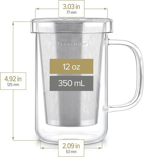 Teabloom Premium Borosilicate Glass Mug - 12 Ounces (350 mL) with Stainless Steel Loose Leaf Tea Infuser and Lid/Dish