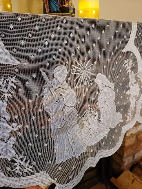 DoubleWood 20"x90" Christmas Decor Fireplace Scarf, White Lace Jesus Christmas Decorations Table Runner for Holiday