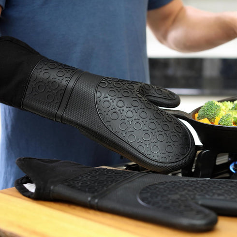 HOMWE Extra Long Professional Silicone Oven Mitt - Heat Resistant Pot Holders, Flexible Oven Gloves, Black, 1 Pair