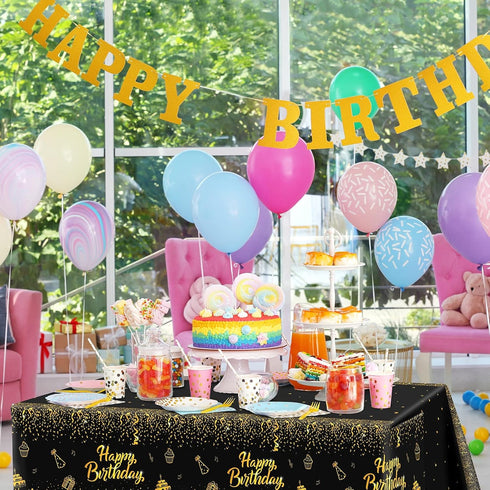 Aneco 2 Pack Black Gold Happy Birthday Tablecloths - Party Table Covers for Decorations (108 x 54 Inches)