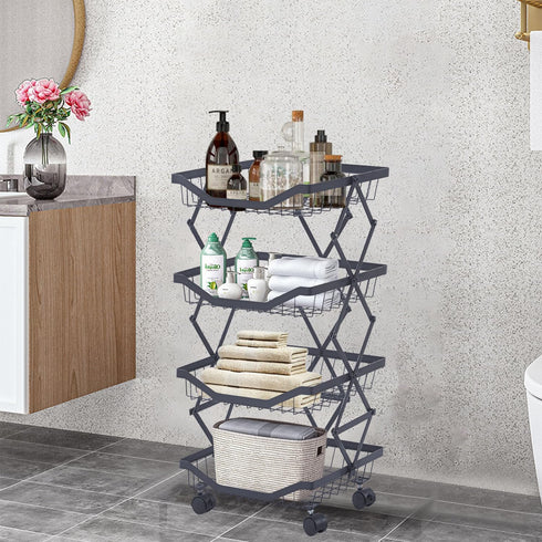 ULIKEUS 4 Tier Fruit Basket for Kitchen Stackable Metal Wire Fruit Vegetable Basket with Wheels Narrow Corner Rolling