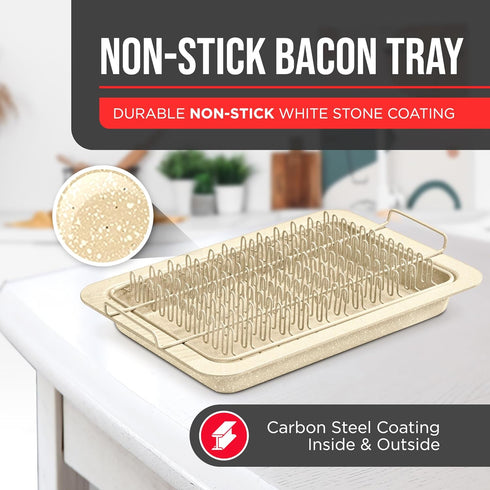 Bacon Tray - 2-Piece Set, Durable Non-Stick Cooking Tray for Bacon, White Stone Tray and Carbon Steel