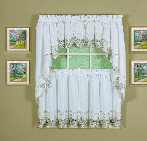 Today's Curtain Verona Reverse Embroidery Tier - 36", White/Blue, 60" W x 36" L