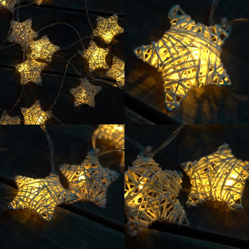 6 ft 10 LED Metal Rattan Style Star String Fairy Lights Garland, Battery Operated, Wedding Holiday Christmas Tree, Warm