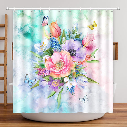 Floral Shower Curtain Set, Summer Blooming Flowers, Waterproof Polyester Fabric, Machine Washable Bath Curtain