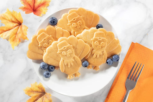 Thanksgiving Turkey Mini Waffle Maker - Make Holiday Breakfast Special for Kids & Adults w/Cute Design, 4" Waffler Iron Electric Nonstick Appliance - Fun & Festive, Fall Gift, Recipes Included by Waffle Wow!