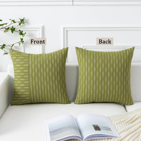 18x18, Set 2, Kevin Textile Light Green and Beige Farmhouse Striped Patchwork Linen Spring Decorative Throw Pillows