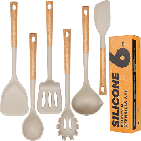 Hvygss 6Pcs Large Silicone Cooking Utensils Set: Heat Resistant Non-Stick with Wooden Handle