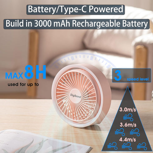 Pink Desk Fans Small Quiet with Ambient Light/Hook Portable USB Fan 5.3in High Power 3000mAH Rechargeable Battery Operate 3 Speed 180°Rotated Easy Clean by Digibond
