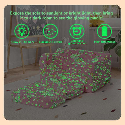 2-in-1 1-3 MeMoreCool Glowing Pink Rainbow Kids Chair, Glow-in-the-Dark Kids Couch Fold Out Sofa for Girls, Comfy Plush