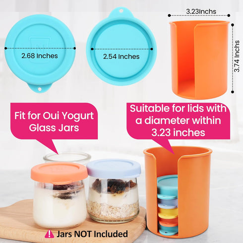 8 5oz Pcs Silicone Oui Yogurt Jar Lids with Jar Lid Organizer, Reusable Jar Covers, Replacement Lids, Perfect for Oui