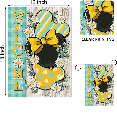 Welcome Spring Decorative Garden Flag, Daisy Flower Yellow Teal Plaid Stripes for Outdoor Home Decor