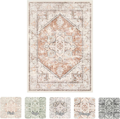 5x7 LIVEBOX Area Rugs for Living Room, Washable Nursery Orange Boho Rug Soft Non-Slip, Low-Pile Vintage Medallion