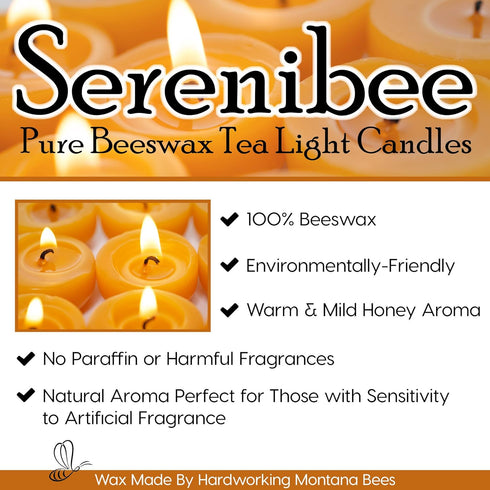 Serenibee Beeswax Tea Light Candles - 100% Pure Beeswax Gift Set with Reusable Glass Holder & Cotton Bag (12)