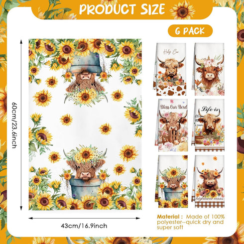 Absorbent Kitchen Towels - 6pcs Highland Cow Sunflower Summer Yellow Cleaning Drying Dishes Towel, Funny Gifts for Women