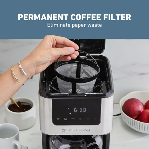 Programmable 6 12-Cup, West Bend Drip Coffee Maker Brews Hot or Iced, with Brew Strength Selector Auto Shut-Off