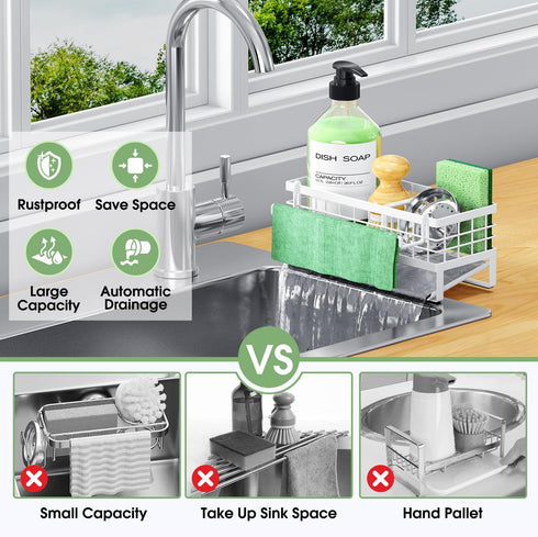 Self-Draining Kitchen Sink Caddy, Rustproof Non-Slip Sponge Holder with Detachable Dish Cloth Holder (White)