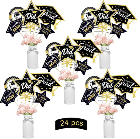 Black and Gold Graduation Decorations Set of 24, Class of 2025 Table Decor, Congrats Grad Party Supplies