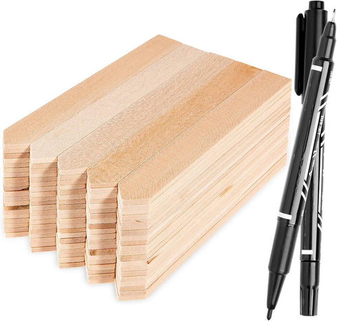 Whaline 100Pcs Wooden Plant Labels, Pointed Wooden Garden Markers with 2 Marker Pen for Seed Potted Plants
