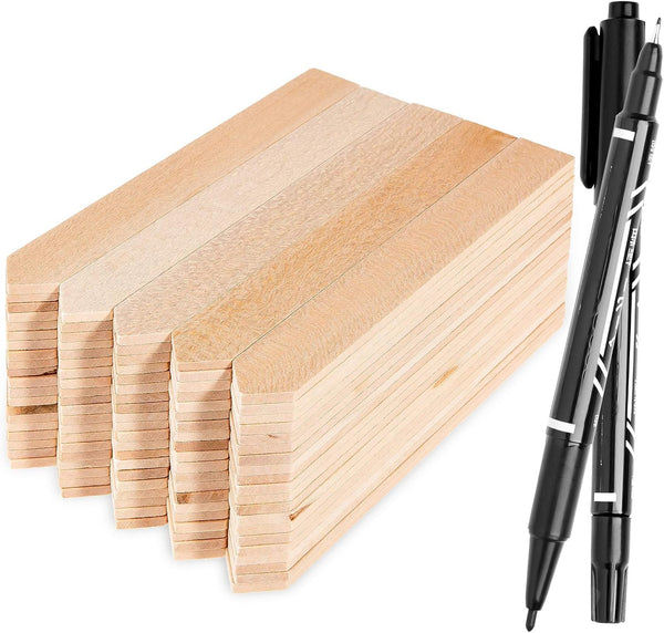 Whaline 100Pcs Wooden Plant Labels, Pointed Wooden Garden Markers with 2 Marker Pen for Seed Potted Plants