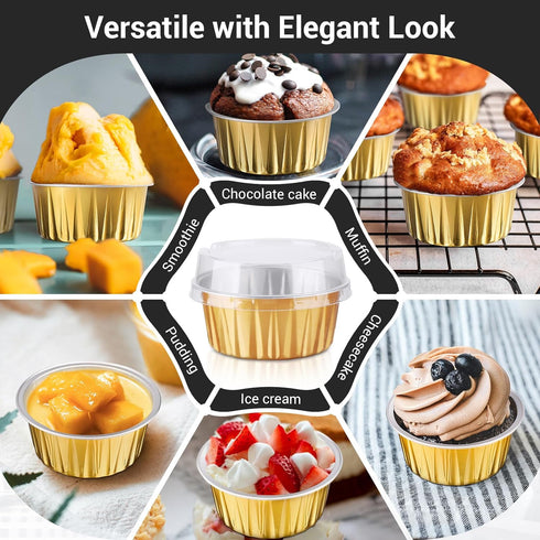 EUSOAR Disposable Ramekins Aluminum Foil, Gold 25 Packs 5oz Baking Cups with Lids for Mini Muffins