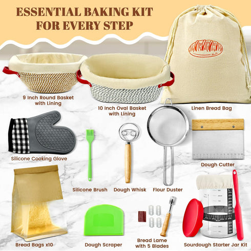HASHMUST 33 9'' 10" Pcs Sourdough Starter Kit, Sourdough Bread Baking Supplies, Round & Oval Cotton Rope Banneton Bread