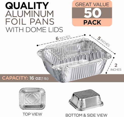 Fit Meal Prep 50 Pack Small Aluminum Foil Pans with Clear Lids, 1 lb 5 x 4” Disposable Tin Foil Baking Pans, Durable Foil Food Containers Freezer Oven Safe for Baking, Meal Prep, Takeout, Catering by Fit Meal Prep