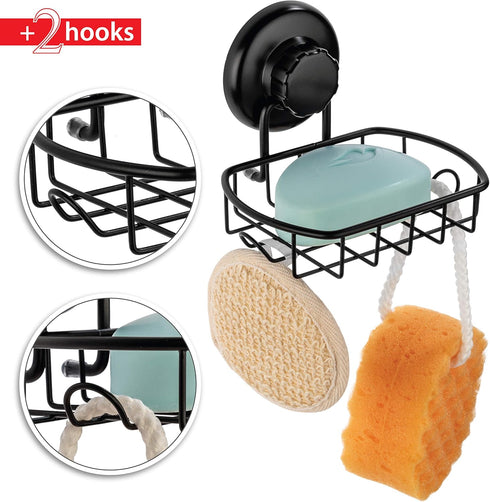 Suction Soap Dish with Hooks - Rustproof Stainless Steel SS304 Shower Soap Holder - Powerful Vacuum Suction Cup Sponge