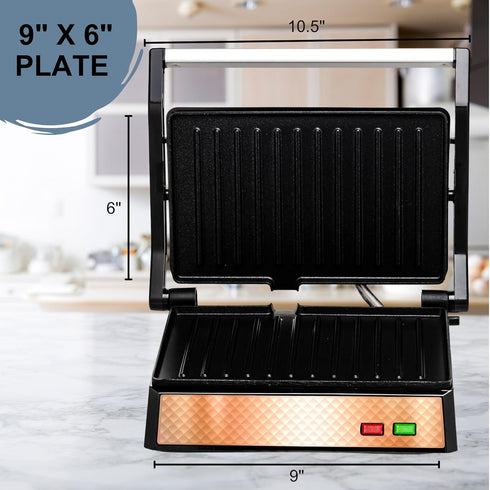 OVENTE Electric Panini Press Sandwich Maker, Non-Stick Coated Plates, 1000W Indoor Grill, Copper GP0620CO