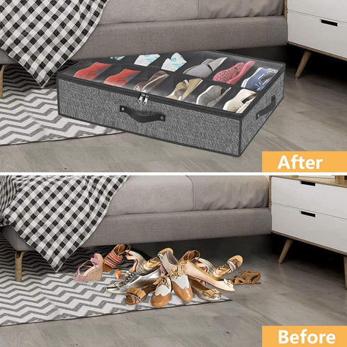 Under Bed Shoe Storage Organizer Fits 12 Pairs- Underbed Shoe Container Solution Shoes Box Bins with Clear Window for Sneakers,High Heels,Flip Flop(Black) by homyfort