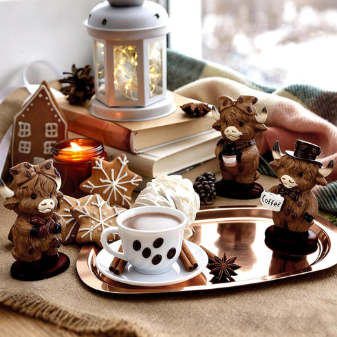 Foilswirl 3 Pcs Coffee Highland Cow Figurines for Book Shelf Desk Decor, Highland Cows Themed Gifts Resin Statue Cow