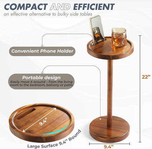 Pedestal Side Table, Acacia Drink Table with Weighted Base, Small Round Side Table for Small Spaces with Phone Holder