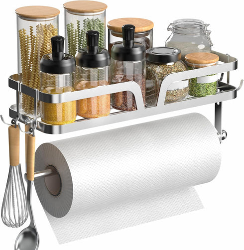 2-in-1 4 YIGII Garage Paper Towel Holder with Shelf, Wall Mounted Shop Paper Towel Roll Holder, Stainless Steel
