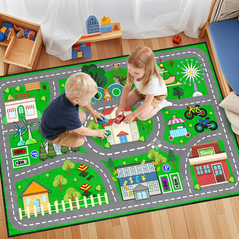 5x7 Car Rug Play Mat Feet - Green Road Rug for Kids Boys Room, Fun Race Track Traffic Road Carpet for Boys Playmat
