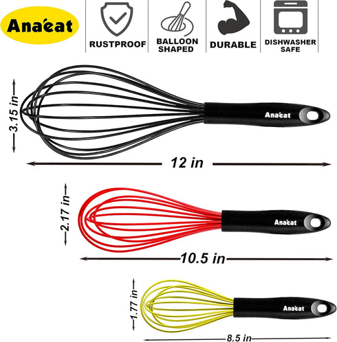 Anaeat Silicone Balloon Whisk, Heat Resistant Kitchen Whisks for Whisking, Cooking, Baking, Beating, Stirring