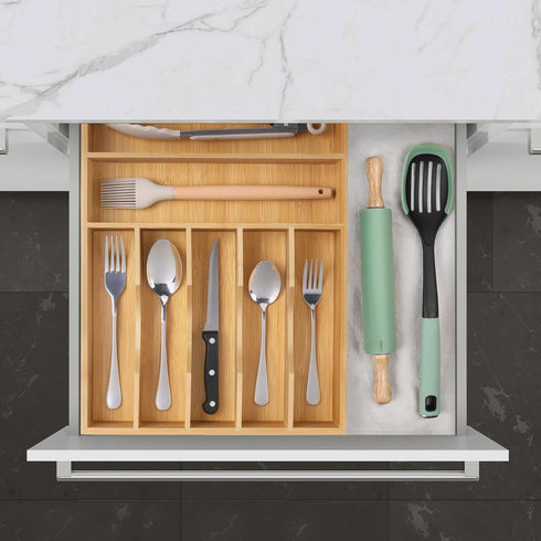 Kitchen Bamboo Silverware Organizer, Natural Utensil Holder and Cutlery Tray with 7 Slot Grooved Dividers