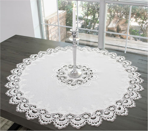 Linens, Art and Things European White Lace on Ivory Table Topper, Small Tablecloth, 33 Inch Round