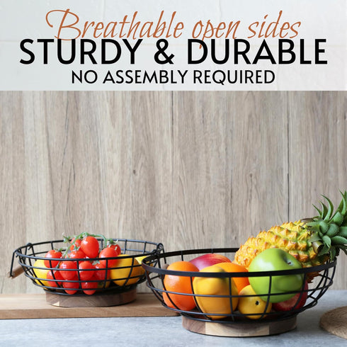 Black Wire Fruit Basket with Acacia Wood Base, Large Fruit Bowl for Countertop, Storage for Fruits, Breads, Vegetables