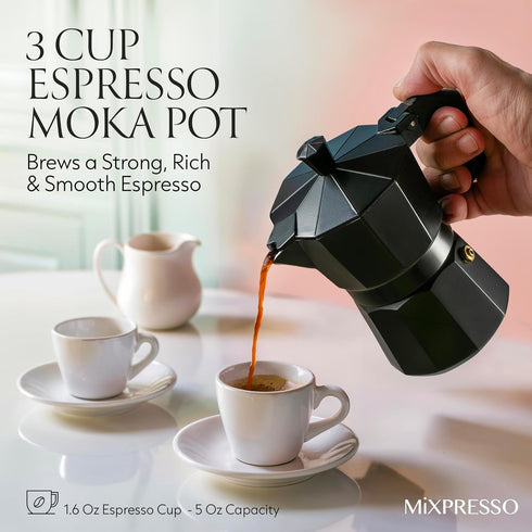 Mixpresso Black 3 Cup Moka Pot, Classic Italian Coffee Maker for Gas, Electric Stove Top, Makes 3 Espresso Cups