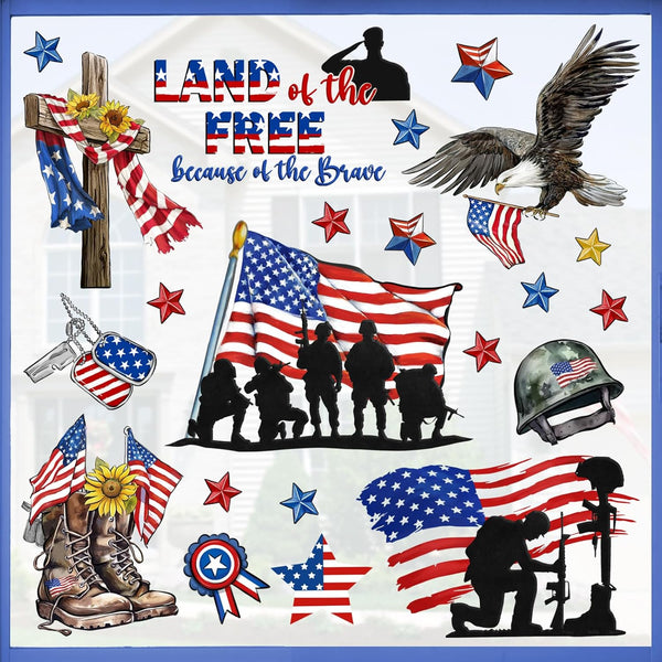 Mfault Memorial Day Land of The Free Window Clings, 9 Sheets 4th of July Military Soldier Boots Decals