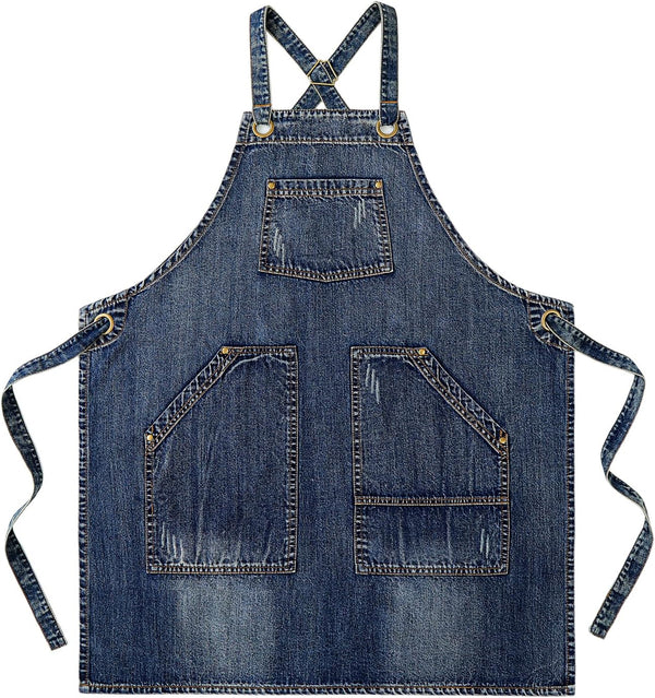 Cotton Denim Apron Soft - Unisex Adjustable Bib Apron with 5-Pockets Perfect