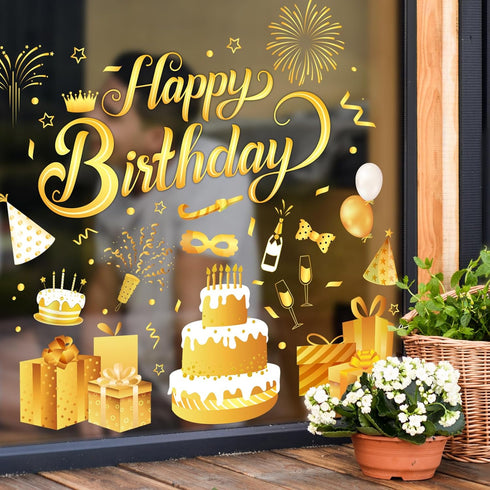 Whaline 134Pcs Birthday Window Clings, Gold Yellow Decals for Birthday Party Home School Decorations