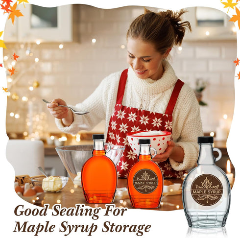 12 12 oz FoldTier Pcs Glass Maple Syrup Bottles Clear Reusable Glass Bottles with Lids Loop Handle and Maple Syrup