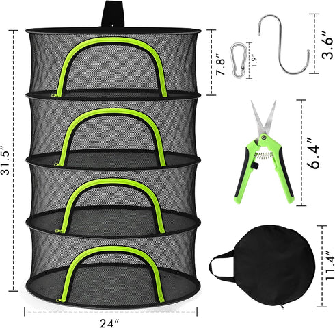 BRIVADO 4 24" Herb Drying Rack Hanging Mesh Layer with Zipper, Garden Pruning Shear, Hook & Carabiner Clip for Drying