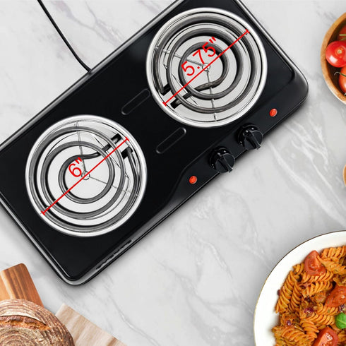 OVENTE Electric Countertop Double Burner, 1700W Cooktop with Stainless Steel Coil Hot Plates, Black