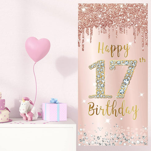Happy 17th Birthday Door Banner Decorations - Pink Rose Gold 17 Birthday Cover Backdrop Party Supplies