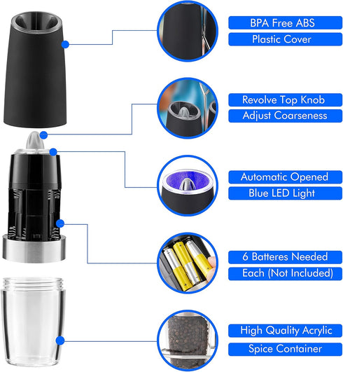 Gravity Electric Pepper and Salt Grinder Set, Battery Operated Mill with Blue LED Light, One Hand Operation, Adjustable